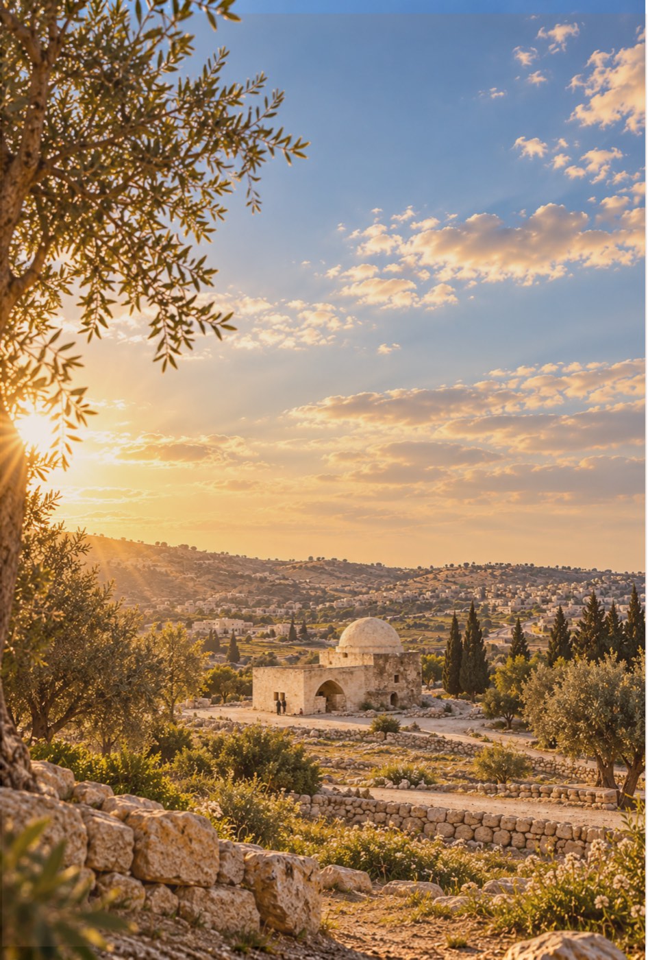 נוף ירושלים בשקיעה, עצי זית וכיפת אבן
